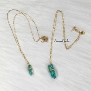 New Vibrant Aqua Green Aura Quartz Crystal Gold Plated Necklace -Crystal Pendant